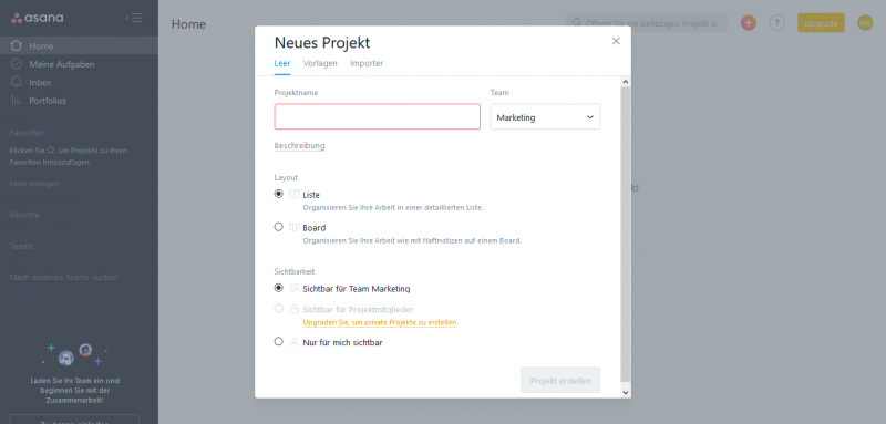 Screenshot von Asana